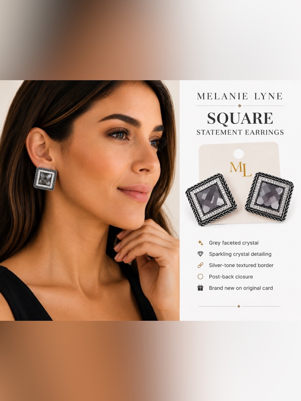 NEW Melanie Lyne Grey Crystal Square Statement Earrings
